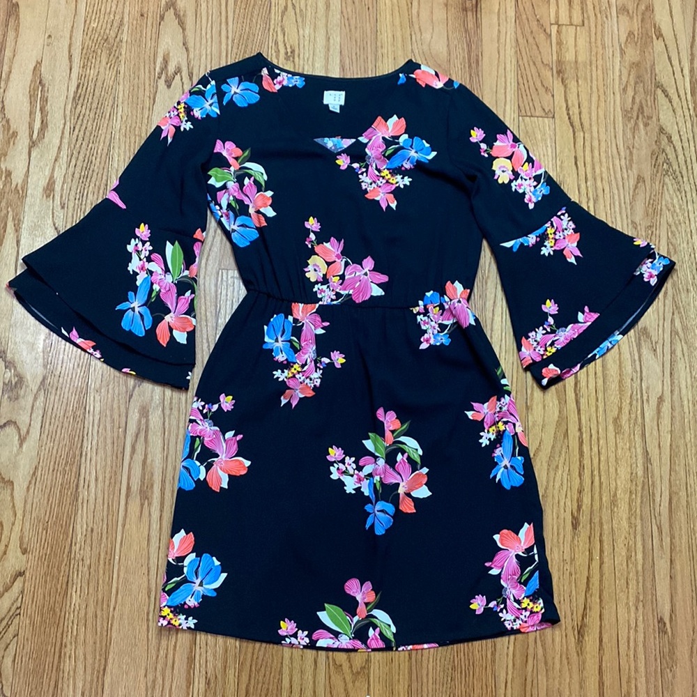 A New Day Black & Pink Floral Ruffle Dress | Size S | Long Sleeve